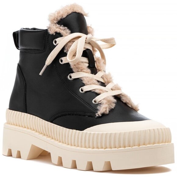 SILENT D Anthropologie Peato Boot Black Leather Fur Lined Platform - Picture 1 of 11